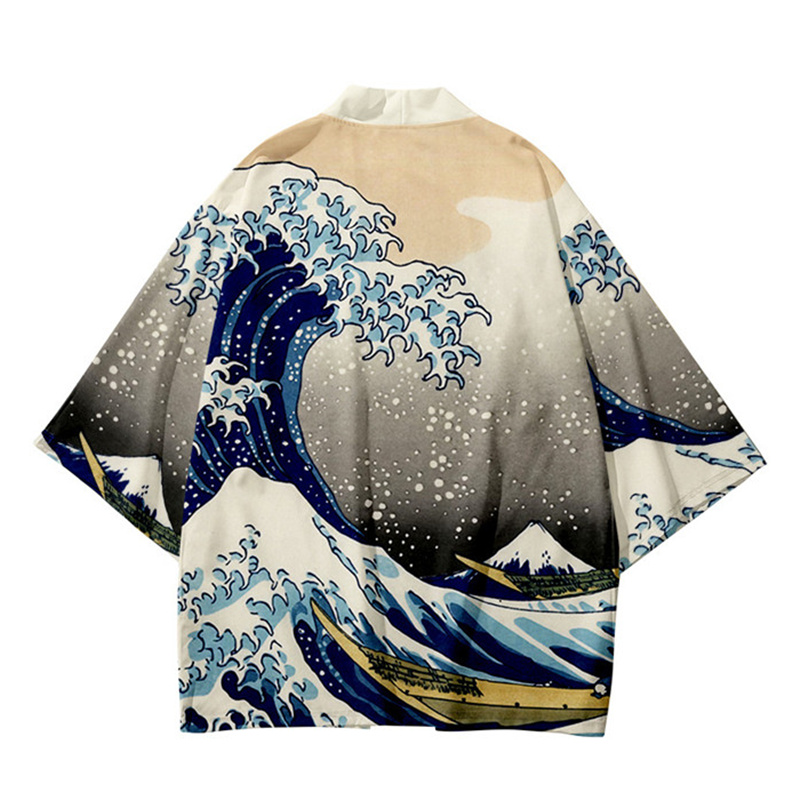Kimono noir pour femmes et hommes, Obi japonais, Yukata pour garçons, Haori, manteau à imprimé vagues japonaises, vêtements traditionnels japonais