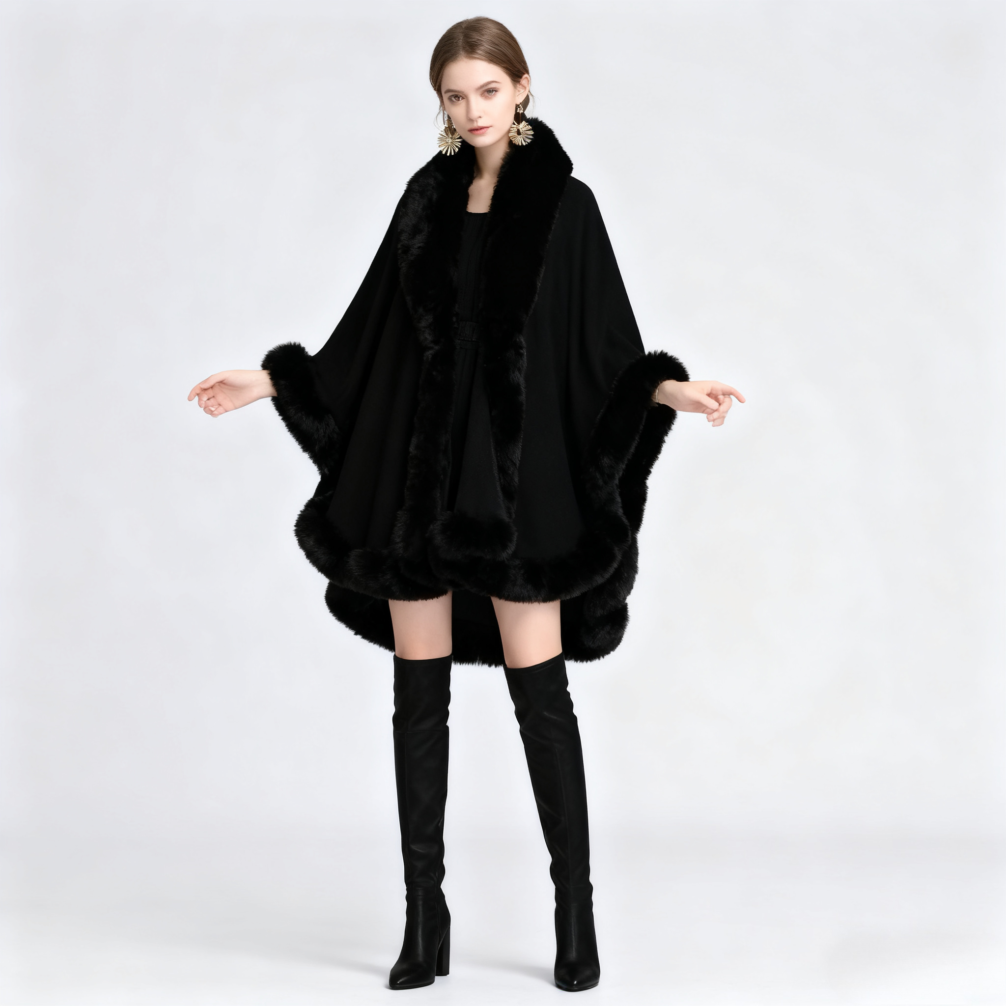 Manteaux vestes femmes Capes Maxi manteau ample à lacets taille haute col de fourrure Ponchos Y2k Streetwear élégant automne hiver
