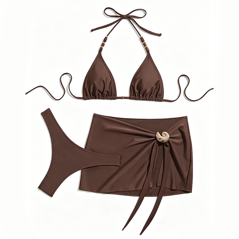 Maillot de bain femme avec jupe, bikini halter, maillot de bain brésilien rembourré, ensemble de bikini trois pièces.