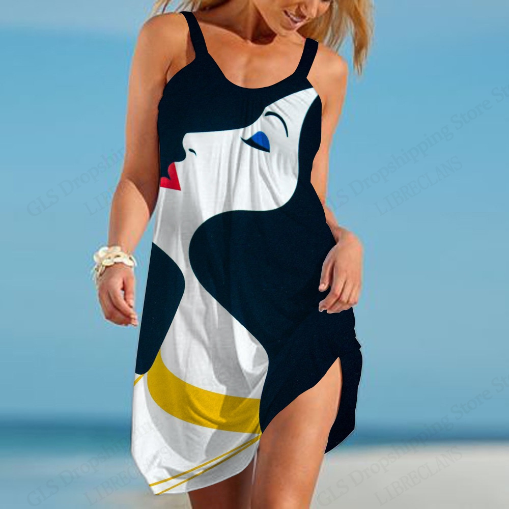 Nouvelle robe africaine à imprimé visage pour femme, mini-robe d'été à fines bretelles, style bohème, sans manches, pour la plage ou les fêtes