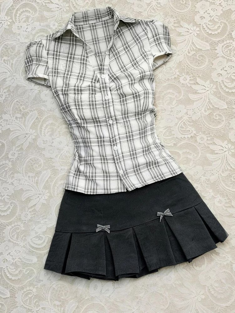 Ensemble 2 pièces japonais Harajuku : Haut slim à carreaux + mini-jupe, robe vintage d'été, style punk années 90, vêtements femme tendance