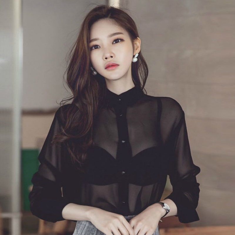 Chemisier transparent sexy pour femme, nouvelle collection printemps-été 2026, chemise fine en mousseline noire à simple boutonnage pour femme, manches longues, Blusas