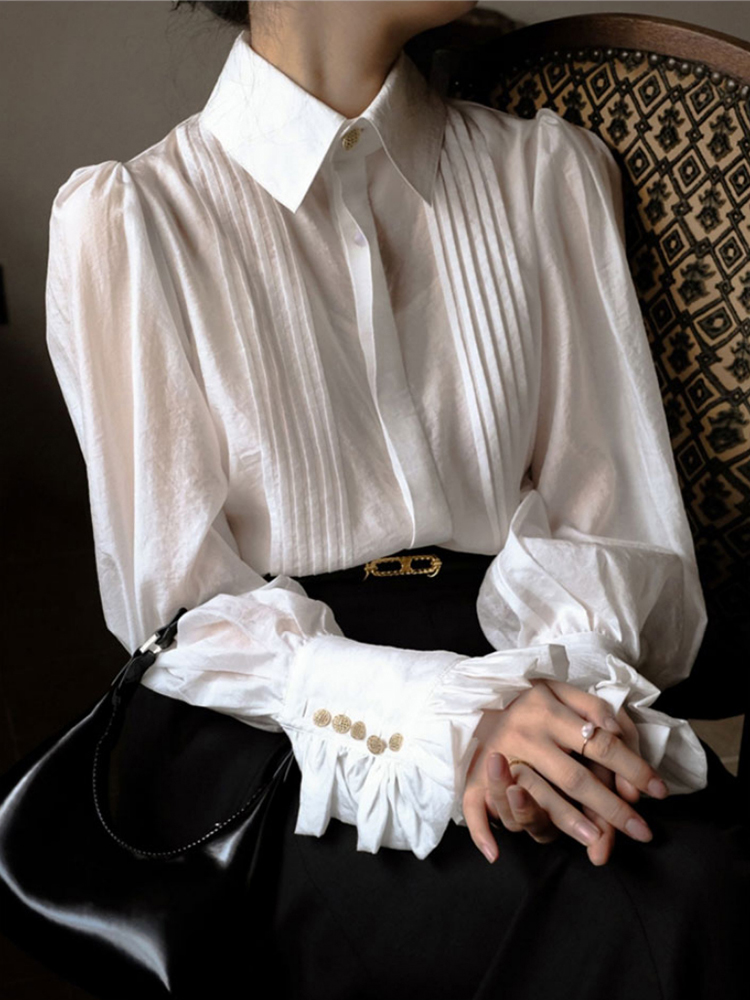 Chemise en mousseline de soie à volants blancs pour femmes, chemises à manches longues, tempérament féminin, col rabattu, chemise en Tencel, Y2K, printemps