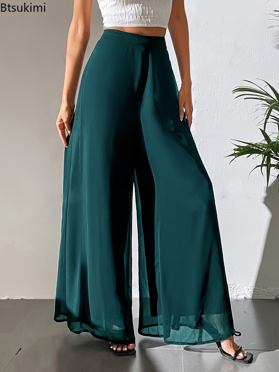 Pantalon décontracté d'été pour femme 2026 – Pantalon ample pour maman, polyvalent, en soie glacée et mousseline, coupe large, droit, décontracté, longueur 9/10