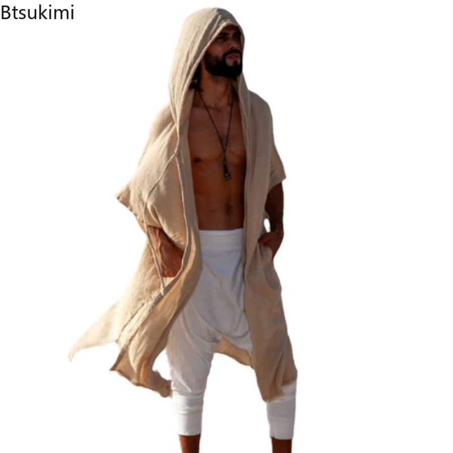 Cardigan mi-long décontracté pour homme 2026 – Protection solaire, style vacances à la plage, châle long à capuche pour homme
