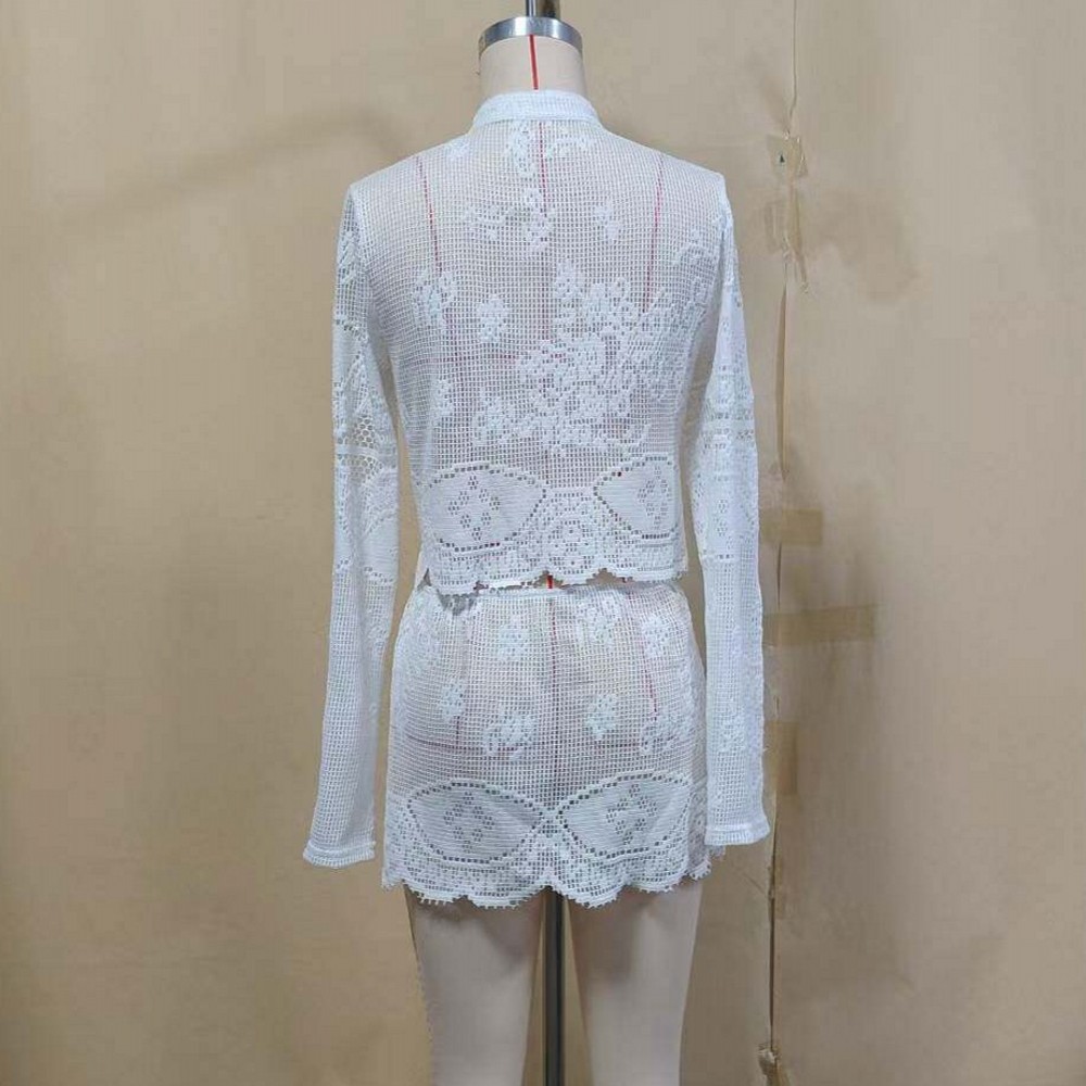 Ensemble 2 pièces en tricot crochet uni à manches longues, paréo de plage, short de plage, vêtements de plage pour femme
