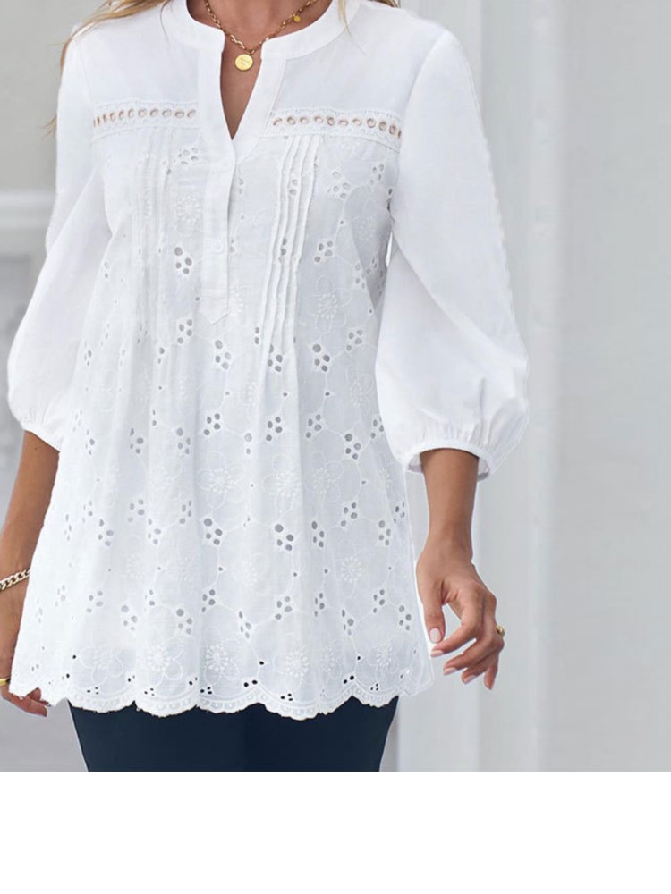 Pull à col en V évidé en dentelle blanche pour femmes, haut décontracté, chemise d'été élégante, vêtements de bureau, mode