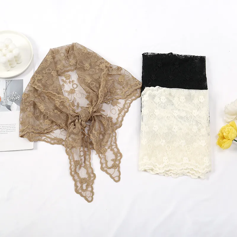 Fleur brodée dentelle Triangle écharpe petit châle Crochet cou écharpe couleur unie foulard chapeaux Bandana Hijab foulard