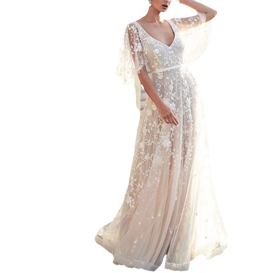 Robes pour femmes 2026 sexy transparentes en dentelle col en V dos nu demi-manches automne robes longues européennes vêtements pour femmes vestidos