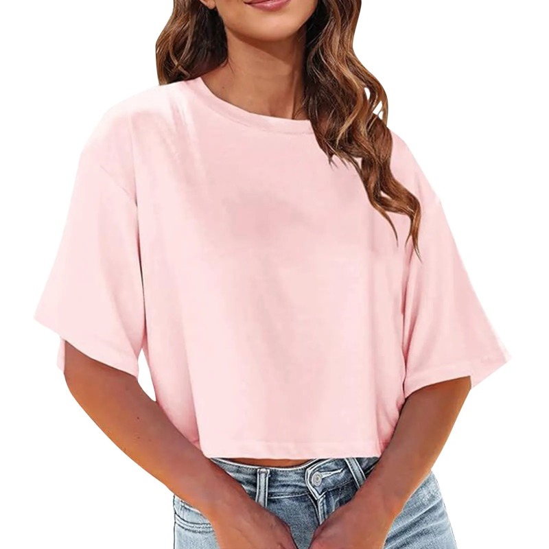 T-shirt à manches courtes pour femmes col rond recadrée couleur unie t-shirts hauts courts amples femmes tendance Petite t-shirt