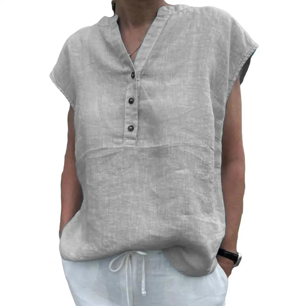Femmes T-shirt coton lin été Blouse couleur unie Simple à manches courtes col en V séchage rapide vêtements quotidiens Ropa Mujer Blusas
