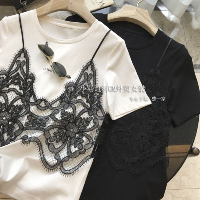 Économie décontractés en dentelle patchwotk pour femmes, vêtements coréens, t-shirts chics, faux deux t-shirts d'été, mode douce, Y2K