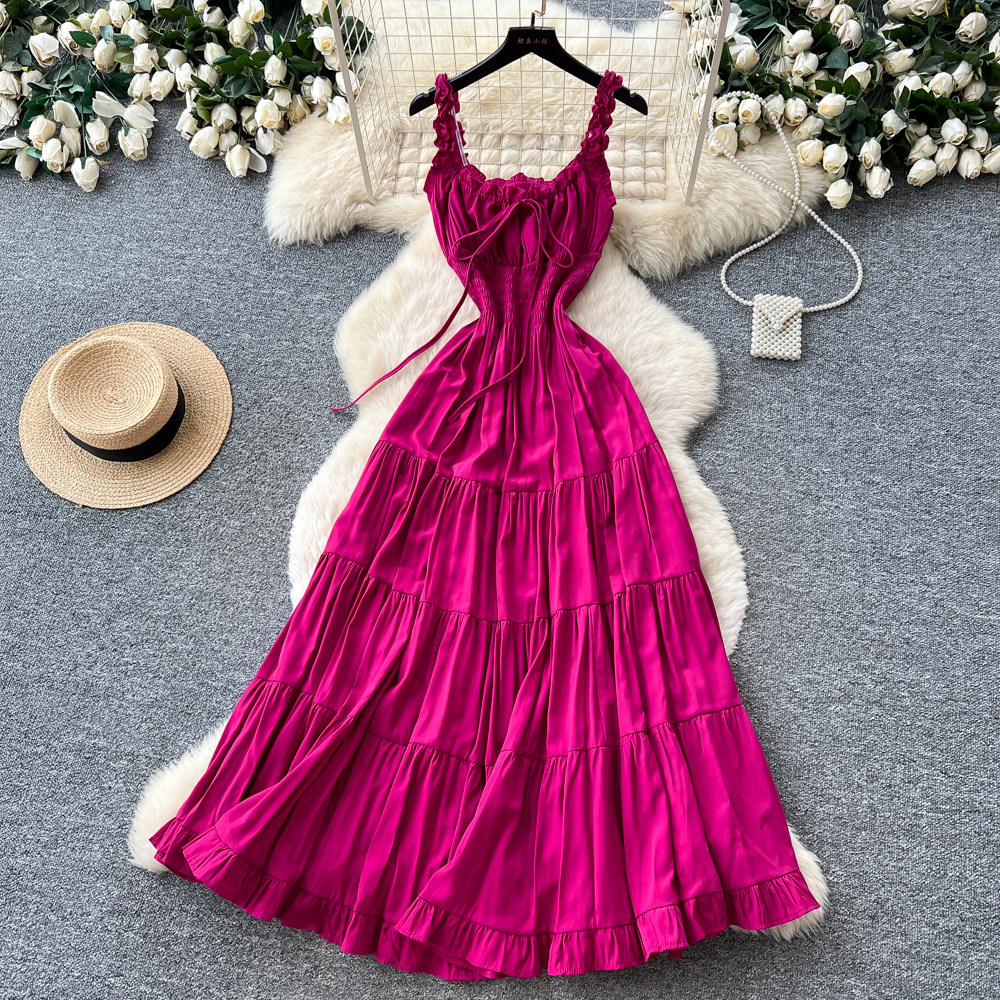 Robe longue femme style A-line, col en V, sans manches, à volants, coupe ajustée, élégante, style Y2K streetwear, pour soirée, travail, été