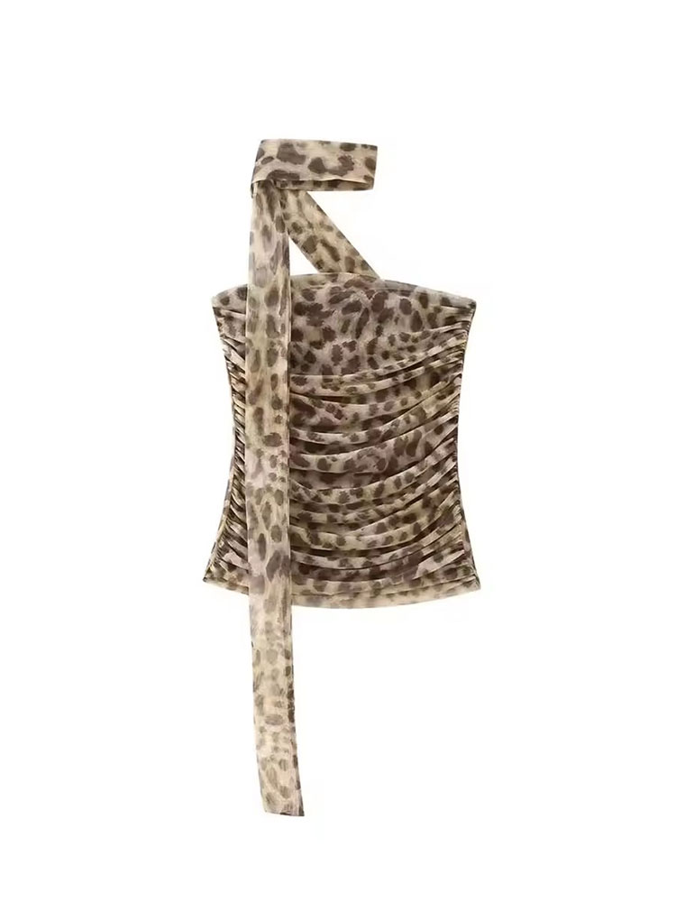 Ensemble 2 pièces imprimé léopard pour femmes, haut court froncé sans bretelles, jupe longue avec écharpe, tenue de soirée pour l'été