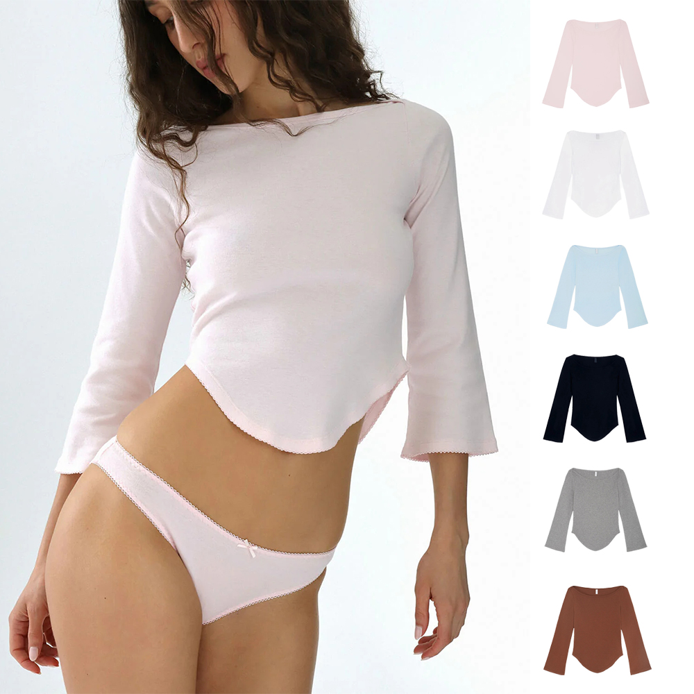 Haut à manches trois-quarts, col bateau épaules dénudées, design court en dentelle, manches cloche rétro, coupe ajustée, flatteur, sexy, chemise de base à manches trois-quarts, style Pure Desire, peut être porté comme couche intérieure ou extérieure.