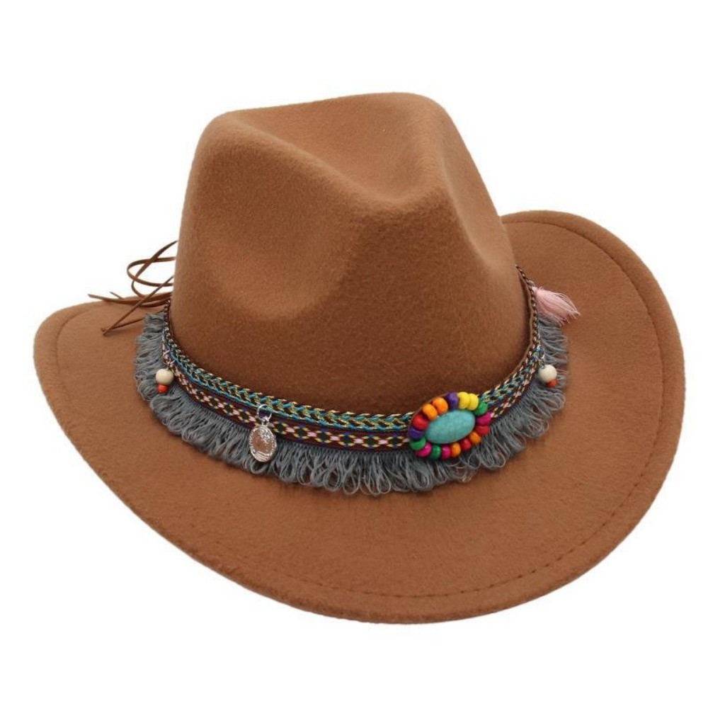 Chapeau de cowboy occidental style ethnique avec pompons, couleur unie, style tibétain, chapeau haut de forme pour femmes et hommes, large bord, corde colorée, chapeau Fedora Jazz