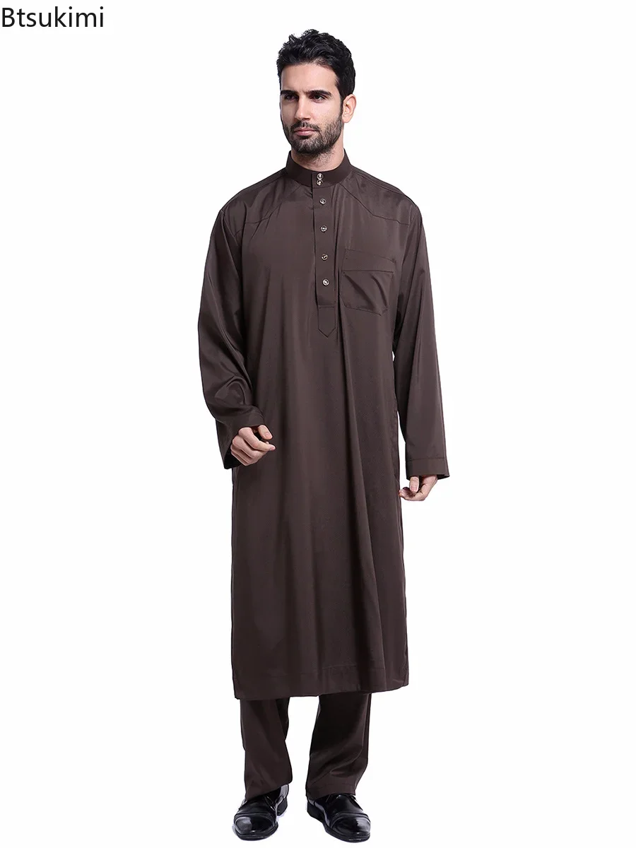 Jubba Thobe pour homme arabe musulman, robe boutonnée et pantalon, vêtements Abaya trempés, Arabie saoudite, Eid Turquie, Kurtas islamique, 03/fur s, 2 pièces