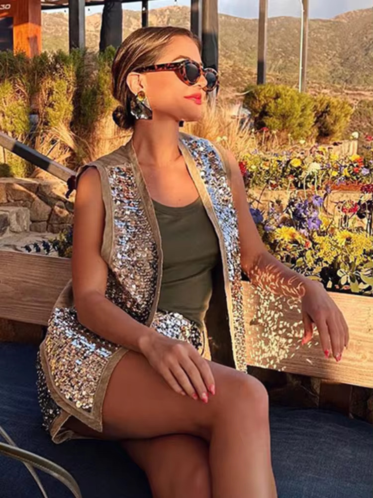 MUJER 2025 paillettes gilets ouverts pour femmes paillettes gilet sans manches femme été gilet gilet haut femmes mode luxe dame gilets