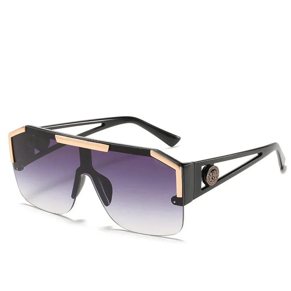 Lunettes de soleil carrées surdimensionnées pour hommes et femmes, marque de luxe, Vintage, grand cadre en métal, semi-sans monture, une lentille, UV400, 2025