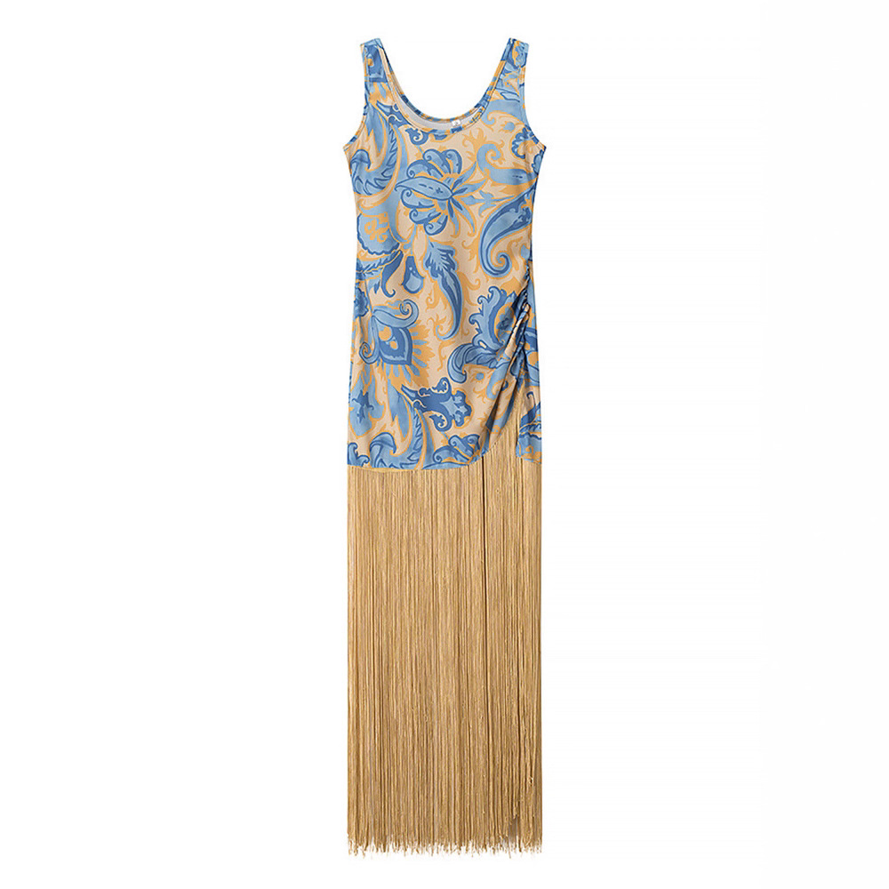 Mode imprimé glands mince robe longue femmes Vintage sans manches plissé robes de soirée dame été Chic fête robes