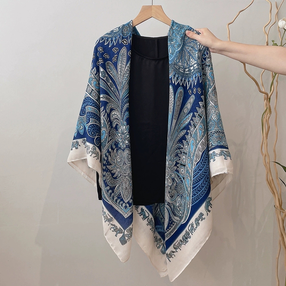 130cm bleu carré écharpe femmes grands châles Vintage carré Bandana luxe foulard femme Foulards