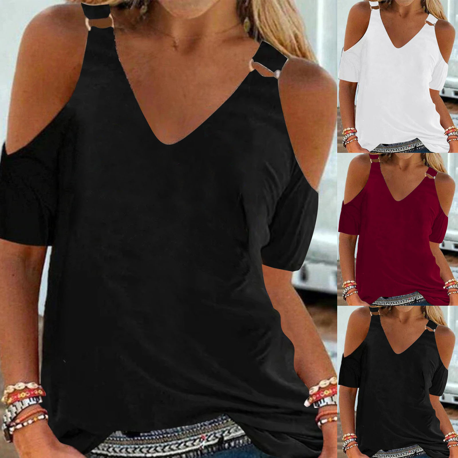 Chemisier décontracté d'été pour femme, haut à épaules dénudées, col en V, couleur unie, t-shirt à manches courtes, vêtements pour femme