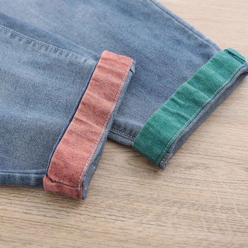 Jean taille haute pour femme, nouvelle version coréenne printemps-automne 2026, pantalon sarouel ample brodé avec patchs en tissu, longueur 7/8 pour femme