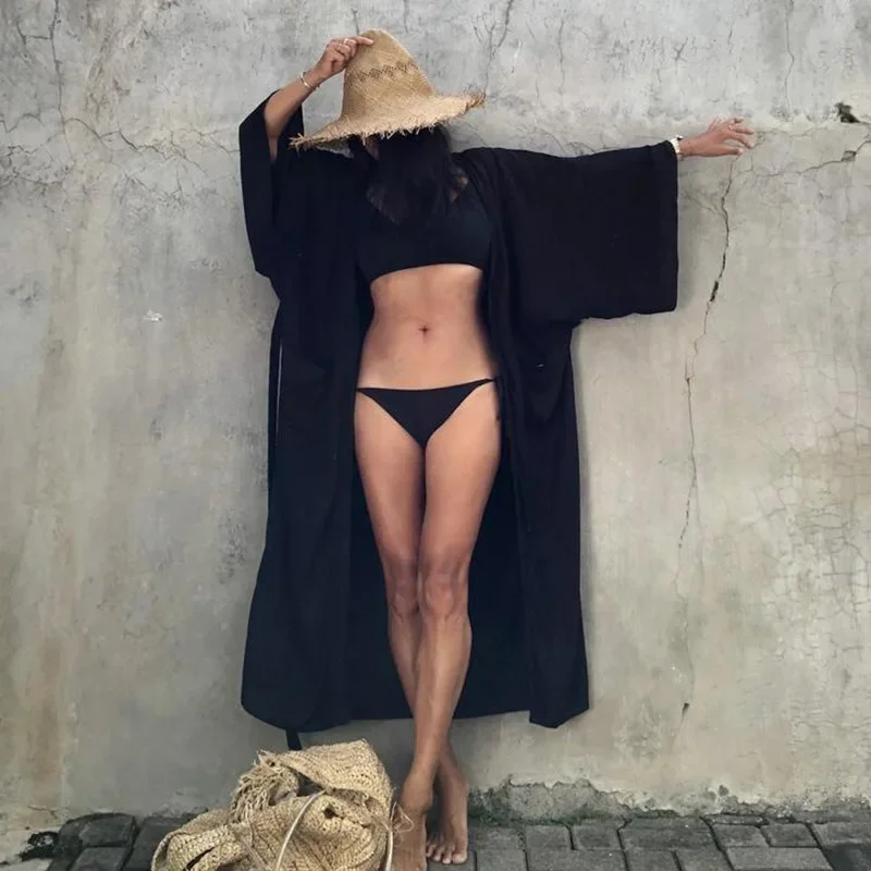 Kimono pour femme, robe de plage, cardigan, robe de plage unie, cache-maillot de bain long, sexy, ceinturé, robe d'été style bohème