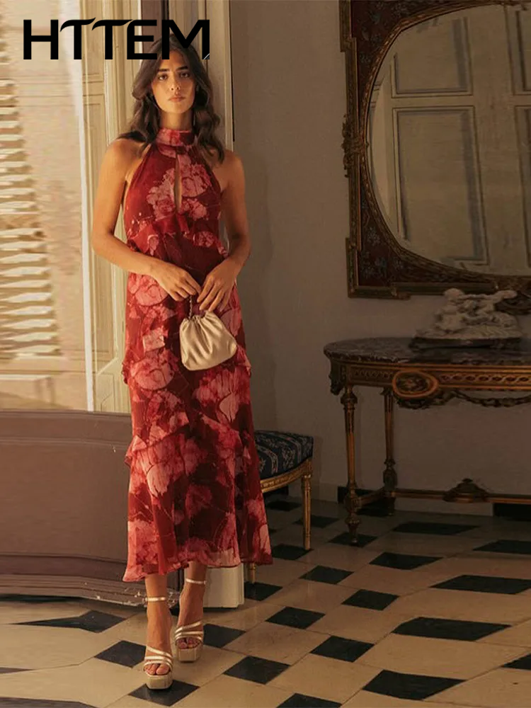 Robe longue pour femme à imprimé sexy et volants, élégante, dos nu, sans manches, ajourée, pour soirée estivale et vacances, nouvelle collection 2026.
