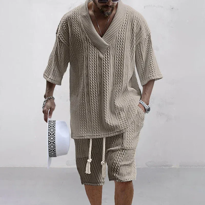 Ensemble deux pièces tricoté pour hommes, ensemble Short et haut décontracté, col en v, T-shirt à manches courtes et Short, Streetwear, tenues en tricot, été