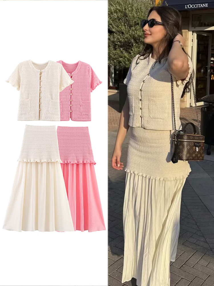 HH femmes élégant solide tricoté jupes ensemble col rond simple boutonnage à manches courtes t-shirts hauts Patchwork jupe bureau dame costumes