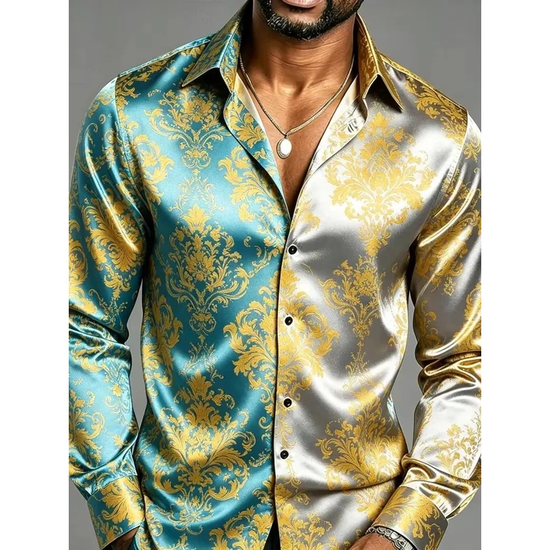 Chemises habillées pour hommes en satin de soie à manches longues, imprimées de motifs floraux baroques, coupe ajustée, pour soirées, boîtes de nuit, occasions formelles et décontractées.