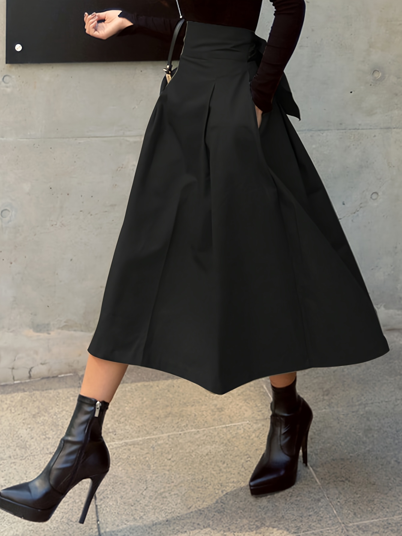 Jupes trapèze élégantes et solides pour femmes, Style scolaire Preppy, taille haute élastique, longue avec nœud, vêtements pour femmes