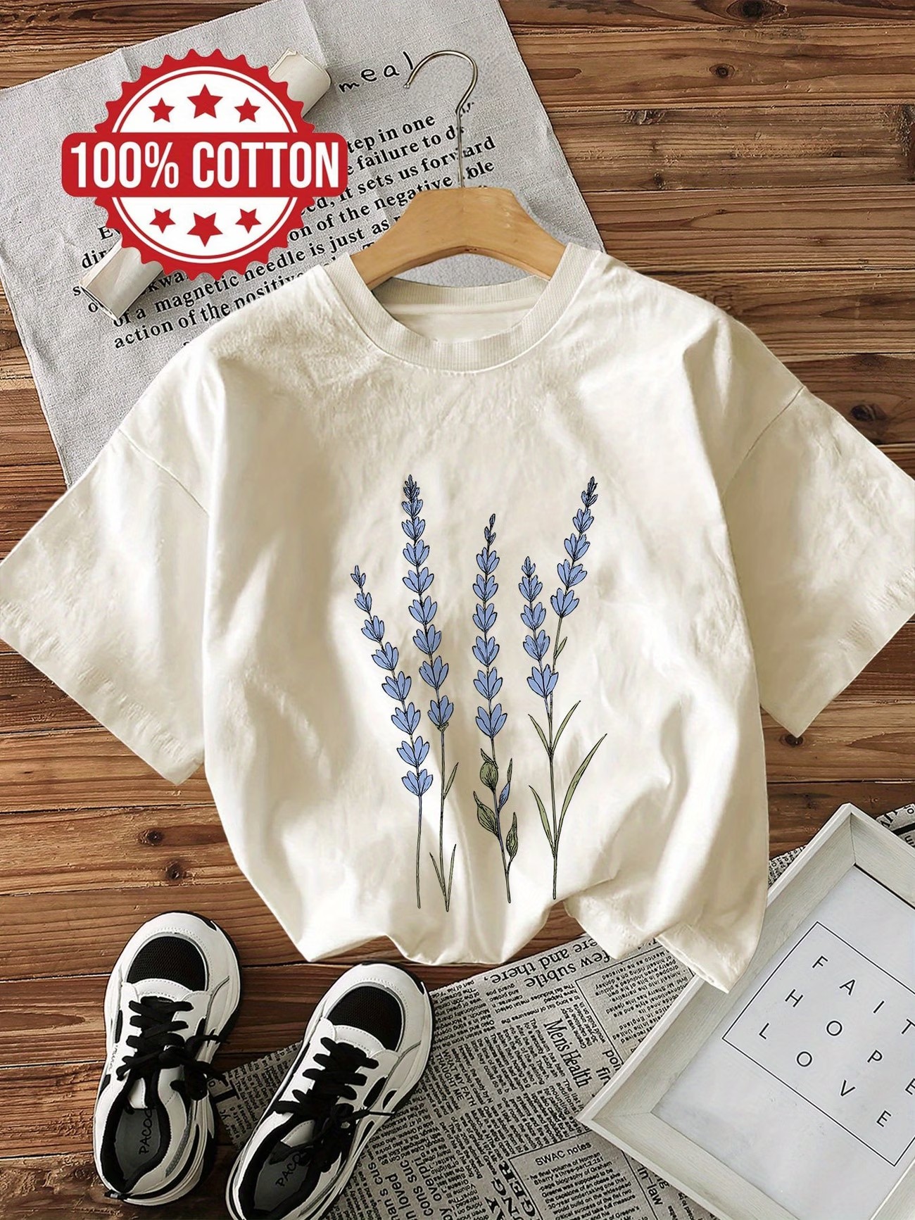 T-shirt décontracté en coton 100% pour femme, imprimé floral, col rond, manches courtes, style vintage, motif floral
