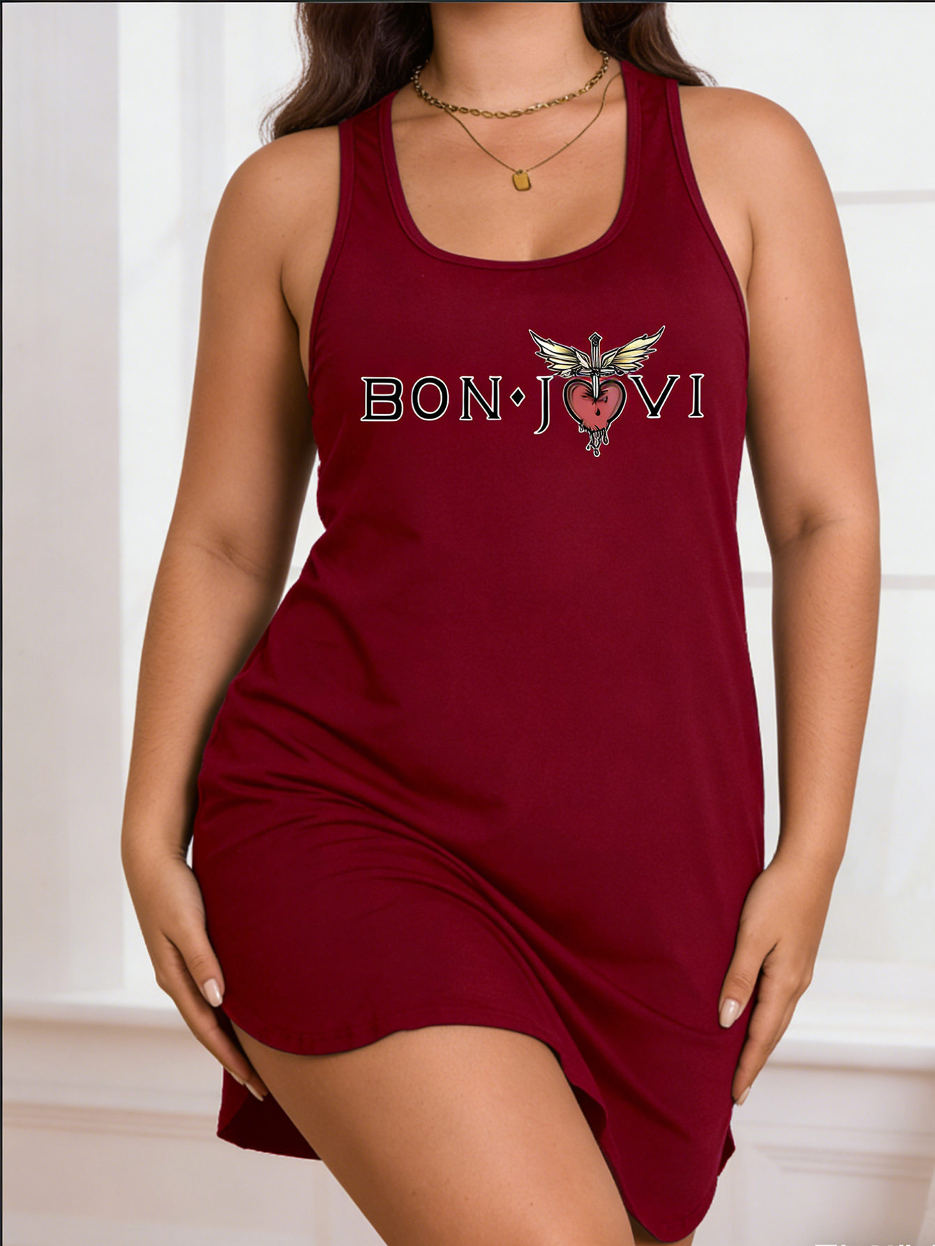 Robe sans manches grande taille pour femme - Robe d'été décontractée à imprimé lettres rock, légère et lavable en machine.