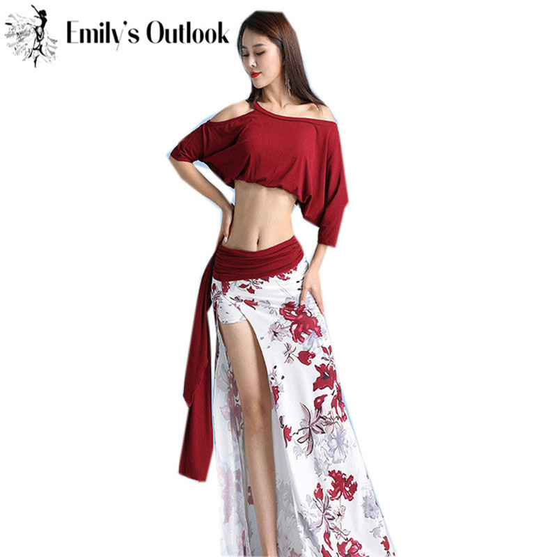 Vêtements de danse du ventre professionnels pour femmes, tenue de spectacle de séparés euse financière modale, chemisier à manches courtes, jupe longue imprimée sexy, 2 pièces
