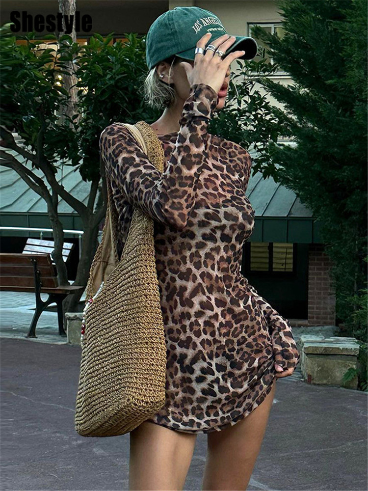 ShKouLeopard-Robe trapèze sexy pour femme, maille transparente, imprimé animal, mode extrêmement chaude, rue haute, ensemble 2 pièces