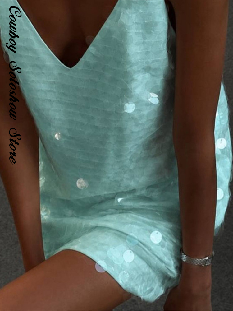 Robe d'été à sequins pour femme, sexy, col en V, sans manches, mini-robe à bretelles, nouvelle collection décontractée pour vacances et soirées, 2026