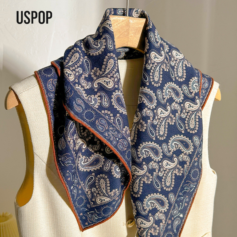 USPOP Écharpe carrée en soie et laine à motifs paisley psychédéliques pour femme – Automne/Hiver Bleu foncé, polyvalente, chaude et élégante