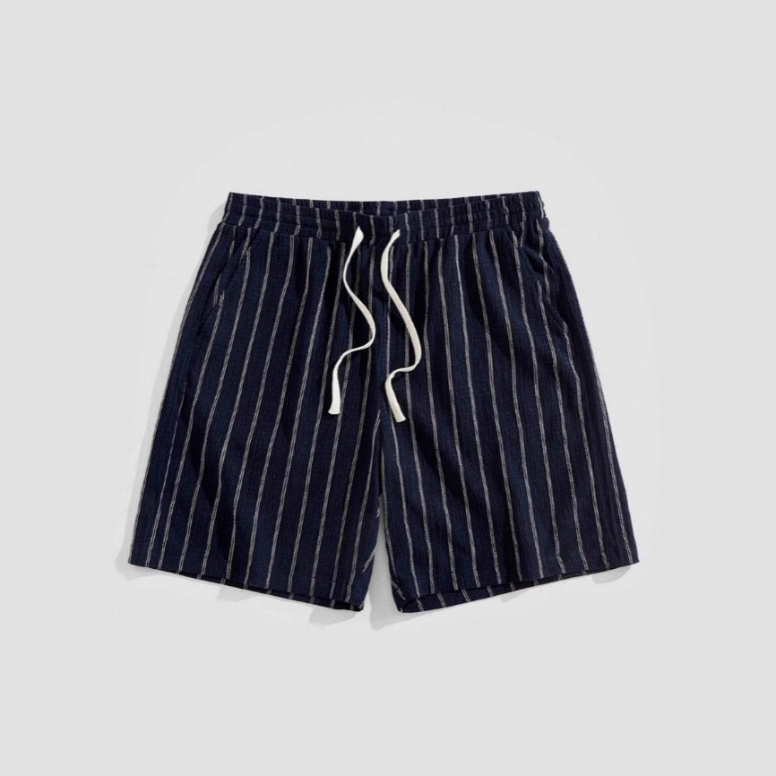 Shorts de plage décontractés en coton et lin pour hommes, taille élastique avec cordon, rayures, nouveau style été, coupe droite, non extensibles