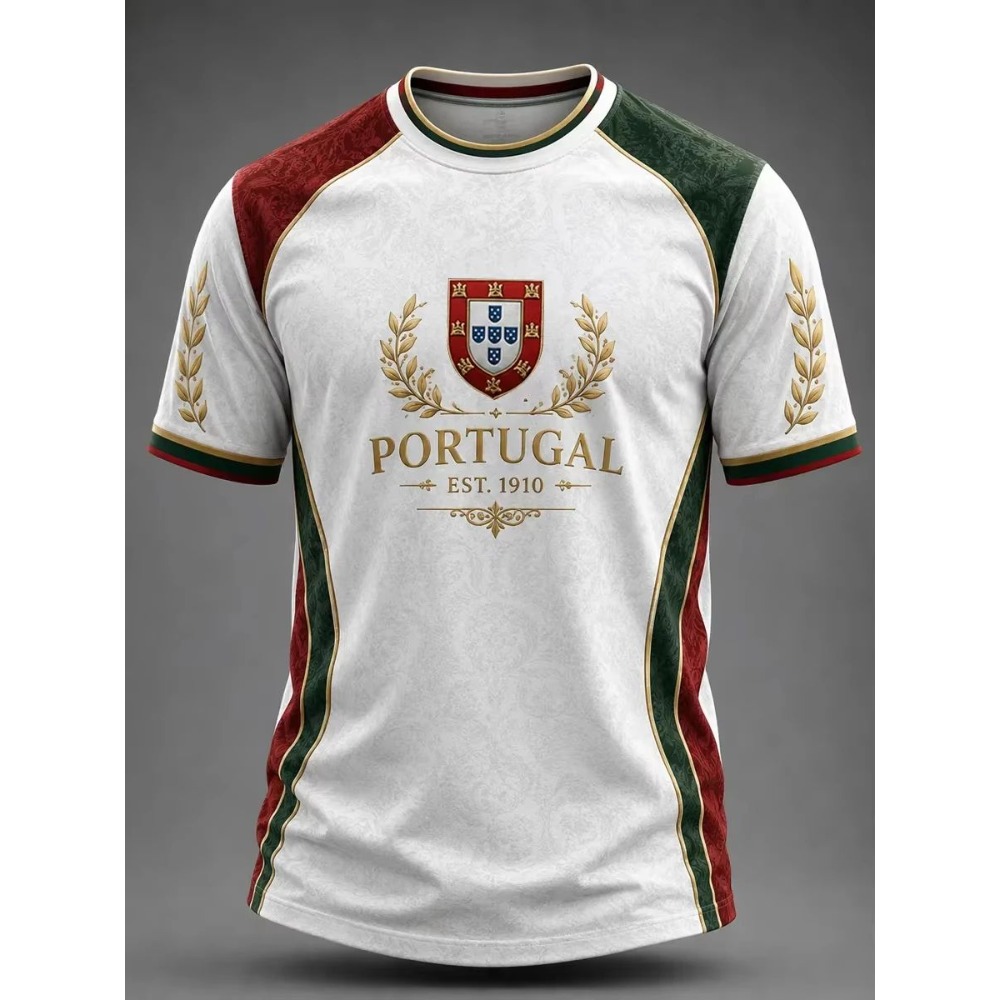 Maillot de football unisexe Portugal blanc à col rond avec imprimé écusson Laurel et bordure verte et rouge, modèle EST 1910, pour supporter