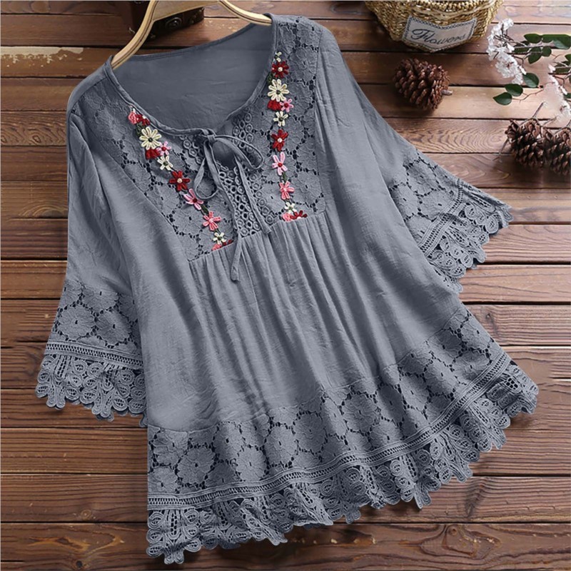 Chemisier d'été femmes col en v hauts chemise en dentelle et chemisier élégant femmes haut à la mode décontracté dame ample coton lin femme chemise