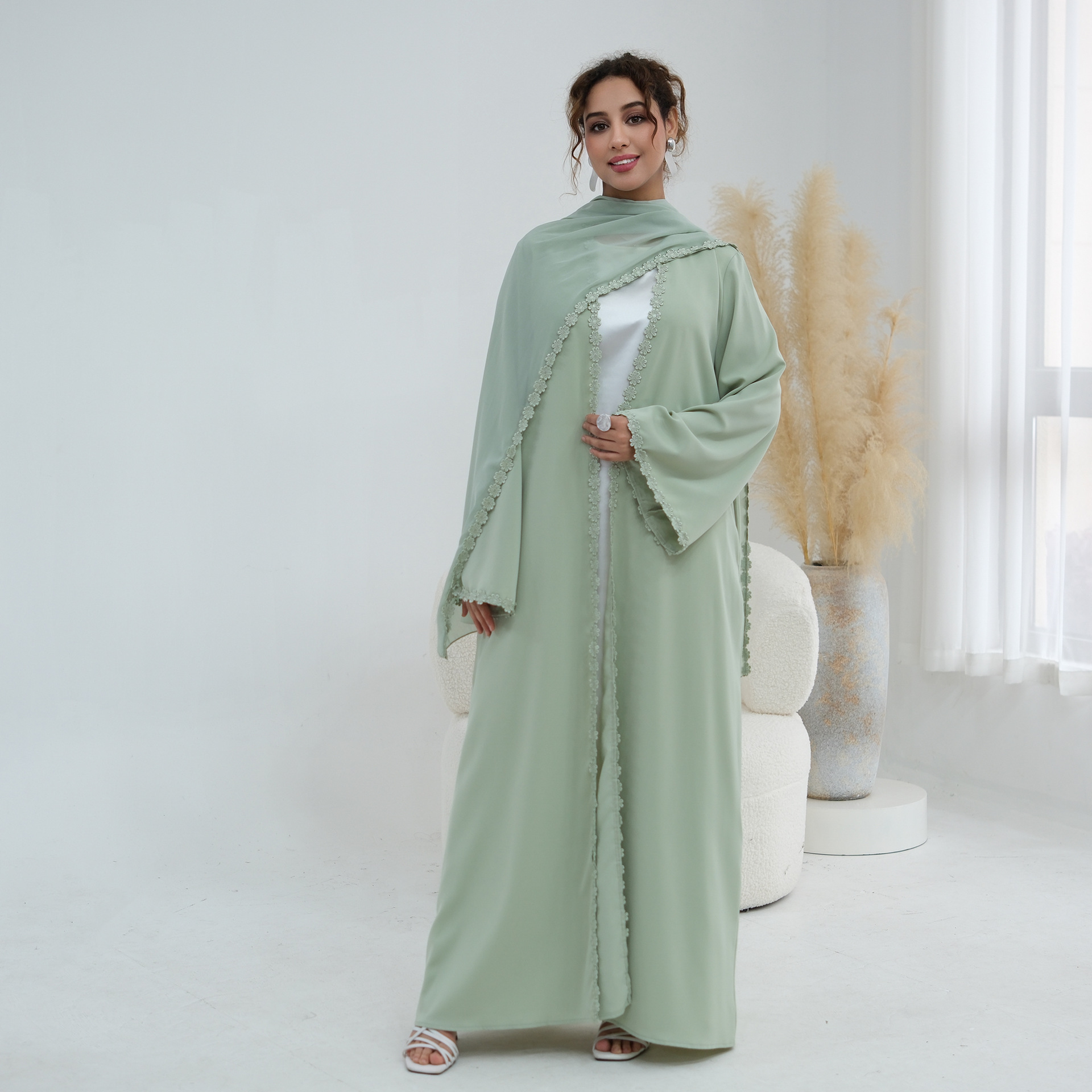Abaya pour femmes, ensemble 2 pièces, robes en dentelle, hijab, jalabiya, cardigan musulman, robe, khimar, maroc, Dubaï, kaftan, Islam, vestidos