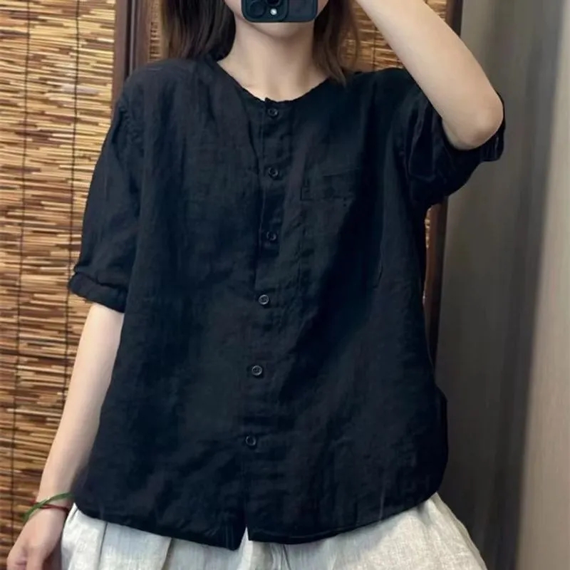 Chemise femme 2025 printemps été coton et lin col rond rétro dames Blouse solide réduction de l'âge dame Cardigan T-shirt