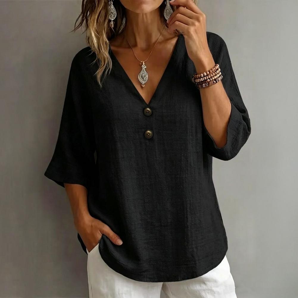 Chemisier d'été en coton et lin pour femmes, col en v français, décoration de boutons, manches sept-quarts, haut ample, couleur unie, t-shirt