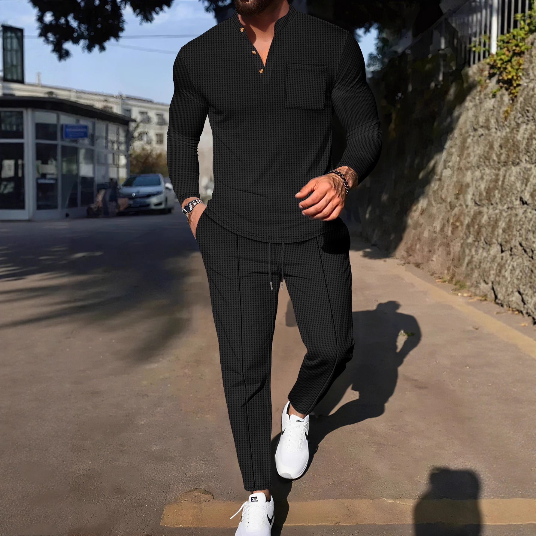 Ensemble semi-casual pour homme : chemise boutonnée à col montant et motif gaufré avec pantalon confortable (1 ou 2 pièces)