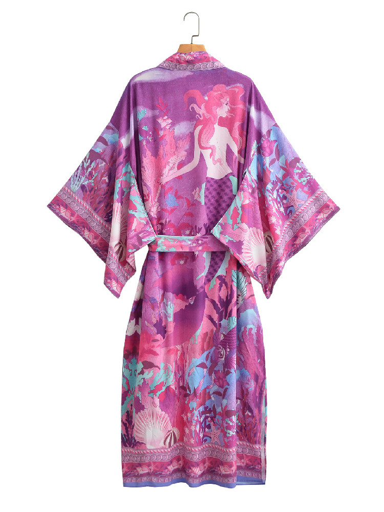 Kimono à imprimé fleuri sirène, col en V, chemise longue, hippicopter, marée, ceintures à nœud, cardigan midi, chemisier adt, cape de plage, vacances