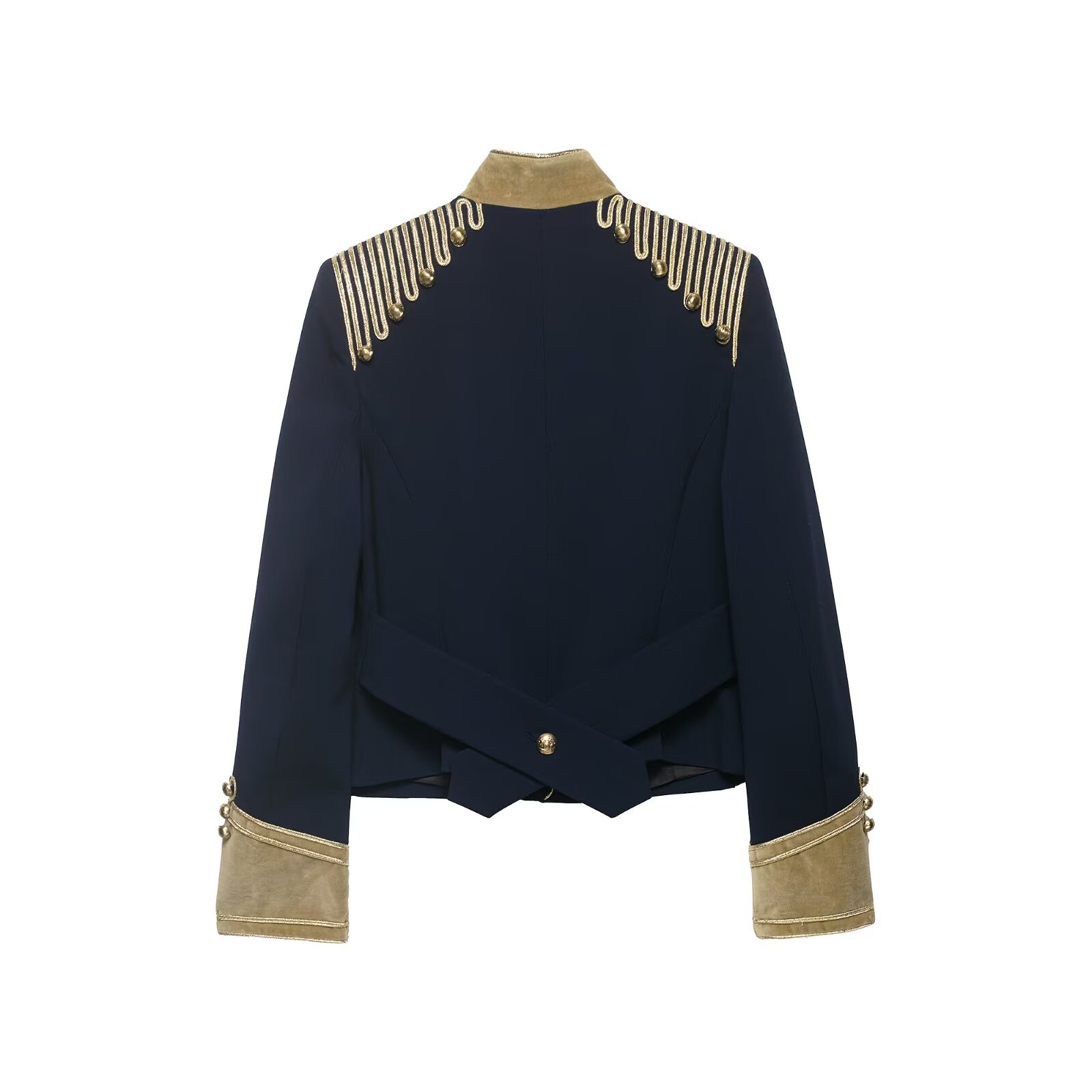 BSAY Nouvelle Veste Courte Napoléonienne Vintage pour Femme avec Broderie Chaîne Dorée, Col Montant, Poignets Contrastants, Boutons Décoratifs, Coupe Ajustée