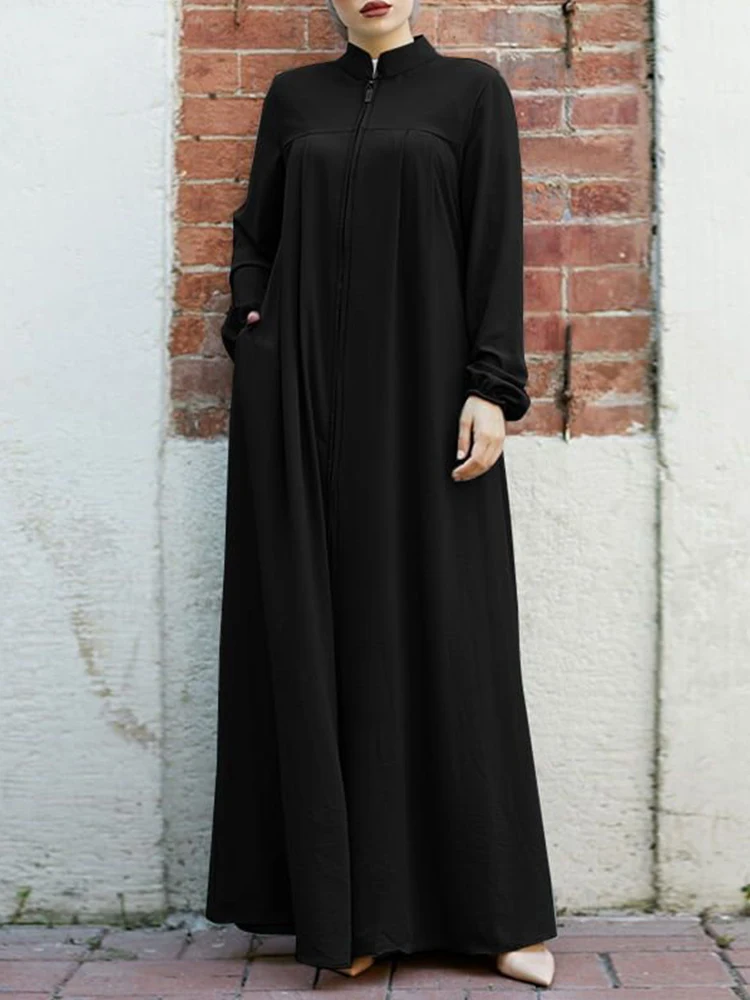 Robe noire musulmane avec petit col montant et poches zippées, élégante, ample et décontractée, à manches longues