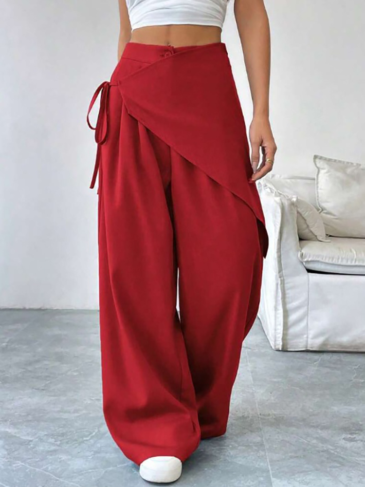 Pantalon de costume élégant asymétrique pour femme, taille haute, coupe ample, jambe large, avec lacets, taille élastique, décontracté